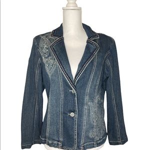 Women’s Reba Denim Jean Jacket w/ Embroidery, Rhinestones & Shoulder Pads -Large